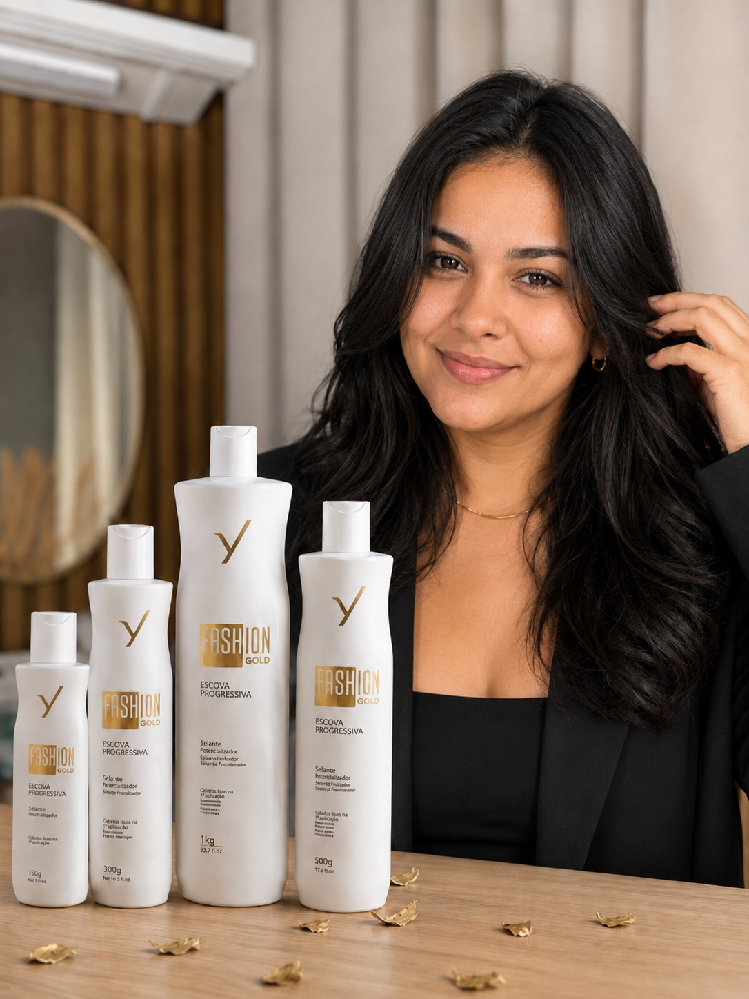 Nath ao lado dos produtos Fashion Gold da Ybera Paris